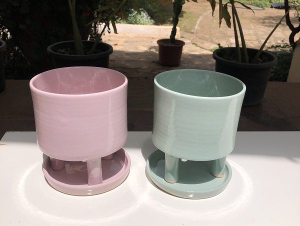Tripod Green & Pink Glazed Pots